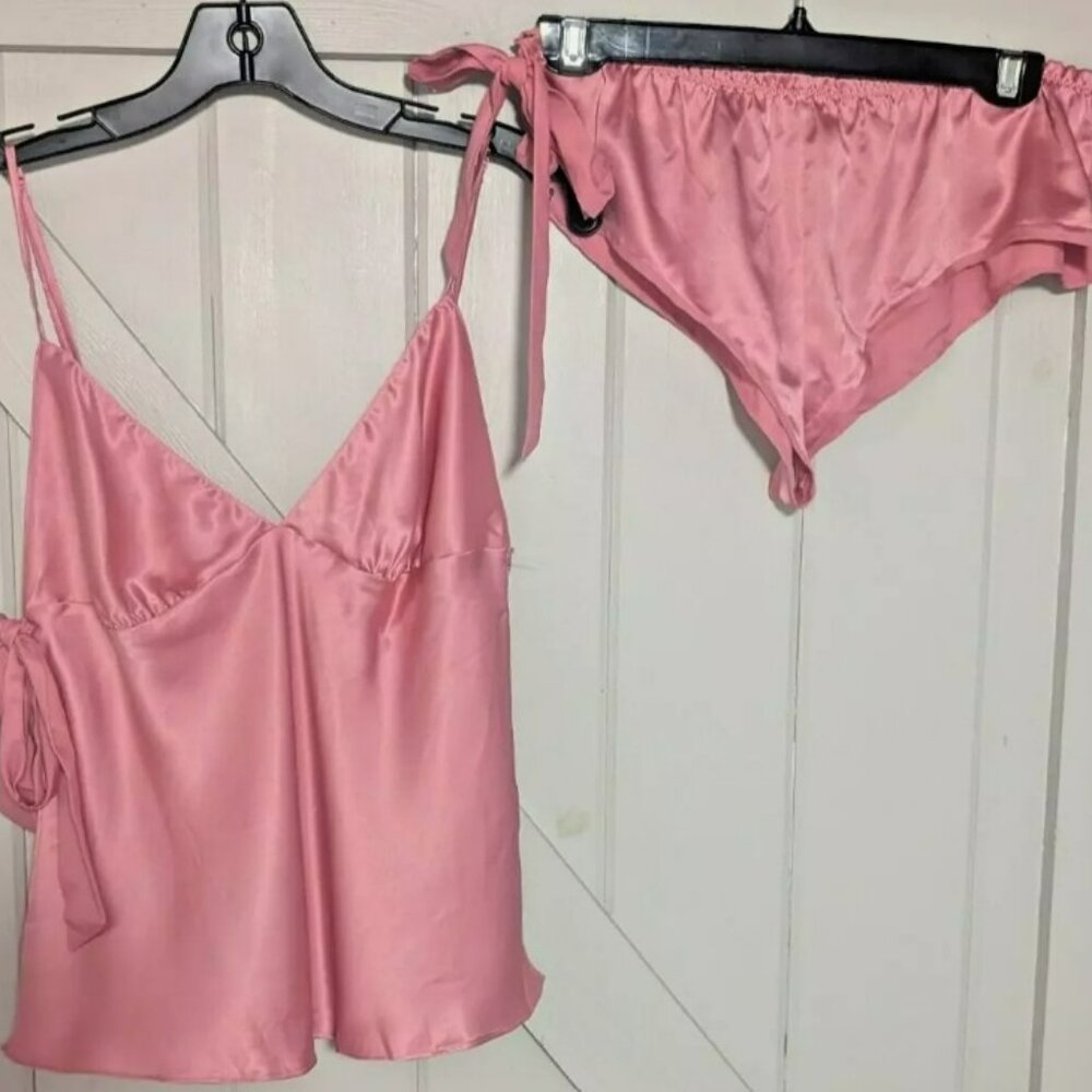 Victoria's Secret Silky Pink Satin 2 Pc Teddy Cami & Pant Lingerie Set M
